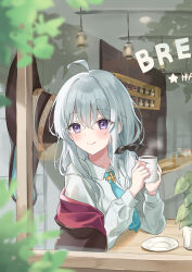 Rule 34 | 1girl, absurdres, ahoge, arm support, blue necktie, collared shirt, cup, day, elaina (majo no tabitabi), elbows on table, from outside, grey hair, hair between eyes, hair over shoulder, hanging light, hat, highres, holding, holding cup, hot drink, indoors, k2 (kazu1030), leaf, long hair, long sleeves, looking outside, looking through window, low-tied long hair, majo no tabitabi, necktie, off shoulder, plant, potted plant, purple eyes, saucer, shirt, smile, solo, steam, unworn hat, unworn headwear, white shirt, window, witch hat