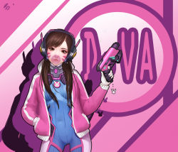 Rule 34 | 1girl, animal print, bodysuit, boots, breasts, breasts apart, brown hair, character name, charm (object), closed mouth, contrapposto, covered navel, cowboy shot, d.va (overwatch), eyelashes, facepaint, facial mark, finger on trigger, gloves, gun, hand in pocket, hand up, handgun, headphones, highres, holding, holding gun, holding weapon, jacket, legs apart, letterman jacket, lips, lipstick, long hair, long sleeves, makeup, medium breasts, open clothes, open jacket, overwatch, overwatch 1, pilot suit, pink eyes, pink jacket, pink lips, qian mang mang, rabbit print, ribbed bodysuit, skin tight, solo, standing, thigh boots, thigh strap, thighhighs, turtleneck, weapon, whisker markings, white footwear, white gloves