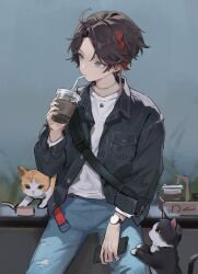 Rule 34 | 1boy, absurdres, ahoge, black jacket, blue eyes, blue pants, braid, brown hair, cat, chyoel, collared jacket, cowboy shot, cup, denim, denim jacket, disposable cup, drink, drinking, forehead, highres, holding, holding drink, jacket, jeans, jewelry, legs apart, long sleeves, looking to the side, male focus, multicolored hair, necklace, nijisanji, open clothes, open jacket, pants, parted bangs, red hair, saegusa akina, shirt, short hair, sitting, solo, streaked hair, virtual youtuber, watch, white shirt, wristwatch