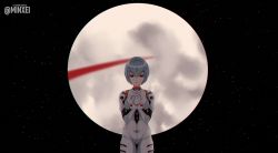 Rule 34 | 1girl, artist name, ayanami rei, blue hair, breasts, clenched hands, commentary, covered navel, crossed arms, english commentary, highres, medium breasts, minxei, moon, neon genesis evangelion, paid reward available, pilot suit, plugsuit, red eyes, short hair, skin tight, solo, space