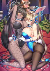 Rule 34 | 2girls, animal ears, asuna (blue archive), asuna (bunny) (blue archive), bare shoulders, black hair, black leotard, blue archive, blue eyes, blue leotard, blush, bow, bowtie, breasts, brown legwear, cleavage, curvy, dark-skinned female, dark skin, detached collar, elbow gloves, fake animal ears, fishnet legwear, fishnets, gloves, grin, hair over one eye, high heels, highleg, highleg leotard, highres, karin (blue archive), karin (bunny) (blue archive), kneeling, large breasts, leotard, light brown hair, long hair, looking at viewer, mole, mole on breast, multiple girls, official alternate costume, open mouth, pantyhose, playboy bunny, ponytail, rabbit ears, shirokuma a, sidelocks, smile, thong leotard, traditional bowtie, white gloves, wide hips, yellow eyes
