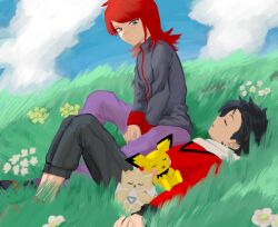 2boys black_hair closed_eyes cloud creatures_(company) day ethan_(pokemon) flower game_freak gen_2_pokemon grass lying male_focus marumaromoka2 multiple_boys nintendo on_back open_mouth outdoors pichu pokemon pokemon_hgss red_hair silver_(pokemon) sky togepi