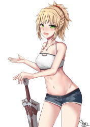 Rule 34 | 1girl, absurdres, belt, blush, braid, breasts, clarent (fate), cleavage, denim, denim shorts, fang, fate (series), french braid, green eyes, groin, highres, jewelry, mordred (fate), mordred (fate/apocrypha), mordred (memories at trifas) (fate), navel, necklace, nose blush, open mouth, planted, planted sword, planted weapon, sato art, shorts, small breasts, solo, sword, thighs, weapon, white background