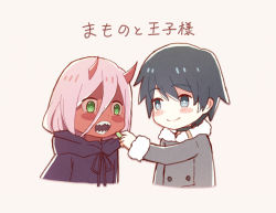 Rule 34 | 10s, 1boy, 1girl, black hair, black robe, blue eyes, blush, coat, colored skin, darling in the franxx, dreamcanvas, green eyes, hair between eyes, hiro (darling in the franxx), horns, lenko, long sleeves, open mouth, pink hair, red skin, robe, short hair, smile, winter clothes, winter coat, zero two (darling in the franxx)