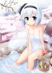 Rule 34 | 2girls, bamboo, blue eyes, breasts, bucket, cherry blossoms, cleavage, collarbone, face, female focus, forest, ghost, hairband, hitodama, konpaku youmu, konpaku youmu (ghost), mirino, multiple girls, naked towel, nature, onsen, same-sex bathing, scenery, shameimaru aya, shameimaru aya (crow), shared bathing, short hair, sitting, small breasts, smile, soaking feet, steam, touhou, towel, water, wet, white hair