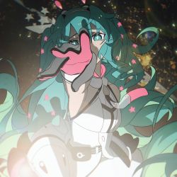 Rule 34 | 1girl, alternate hairstyle, aqua eyes, aqua hair, bare shoulders, collared dress, commentary, cowboy shot, dress, foreshortening, gloves, hair between eyes, hairband, hatsune miku, highres, konya karasue, long hair, looking at viewer, multicolored clothes, multicolored gloves, outstretched arm, reaching, reaching towards viewer, scenery, solo, standing, star (symbol), tears, vocaloid, white dress