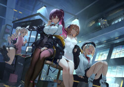 4girls absurdres alternate_costume aqua_eyes bag beret black_boots black_choker black_hat black_jacket black_shorts blonde_hair blue_eyes blue_ribbon boots bow_hairband choker closed_mouth commentary_request cosmetics cross-laced_shoes dated dinergate_(girls&#039;_frontline) dress girls&#039;_frontline girls&#039;_frontline_2:_exilium green_eyes green_hair hair_ribbon hairband hat highres holding holding_lipstick_tube jacket lipstick_tube long_hair looking_at_viewer makiatto_(girls&#039;_frontline_2) micro_shorts mp5_(girls&#039;_frontline) multicolored_hair multiple_girls neck_ribbon noir_socery777 non-humanoid_robot off_shoulder one_eye_closed open_clothes open_jacket open_mouth pink_shirt ponytail purple_hair red-tinted_eyewear red_eyes red_ribbon ribbon robot round_eyewear sharkry_(girls&#039;_frontline_2) shirt shoes short_hair shorts sitting sneakers socks springfield_(girls&#039;_frontline) stool streaked_hair tinted_eyewear two-tone_hair wa2000_(girls&#039;_frontline) white_dress white_hairband white_shirt white_shoes white_socks