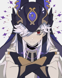 Rule 34 | 1boy, animal ears, bad id, bad twitter id, bare shoulders, black gloves, bridal gauntlets, closed mouth, cyno (genshin impact), expressionless, genshin impact, gloves, grey background, hair ornament, helmet, highres, jackal ears, jewelry, long hair, necklace, red eyes, ring, solo, sparkle, upper body, white hair, yuyouxing