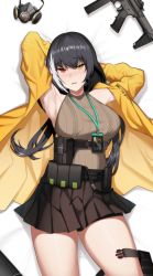 Rule 34 | 1girl, absurdres, armpits, arms up, bare legs, black hair, black skirt, blush, breasts, cero (last2stage), coat, colt 9mm smg, commission, gas mask, girls&#039; frontline, gun, heterochromia, highres, lanyard, large breasts, long hair, long sleeves, looking at viewer, lying, mask, miniskirt, mod3 (girls&#039; frontline), multicolored hair, on back, parted lips, red eyes, ro635 (girls&#039; frontline), ro635 (mod3) (girls&#039; frontline), skirt, sleeveless, sleeveless sweater, solo, streaked hair, submachine gun, sweater, weapon, white hair, yellow coat, yellow eyes