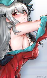 Rule 34 | 1girl, 3:, aqua headwear, arknights, arm up, armpits, artist name, bare shoulders, blush, breasts, bwcloud, closed mouth, dress, frilled dress, frills, gradient background, grey background, hat, highres, large breasts, leaning forward, long hair, official alternate costume, red dress, red eyes, sideboob, silver hair, skadi (arknights), skadi the corrupting heart (arknights), upper body, very long hair