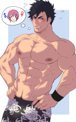 Rule 34 | 1boy, abs, bara, bare pectorals, black male swimwear, blush, bulge, character request, copyright request, firenzesaika, hands on own hips, highres, large pectorals, long sideburns, looking at viewer, male focus, male swimwear, mars symbol, mature male, muscular, muscular male, navel, navel hair, nipples, pectorals, short hair, sideburns, solo, spiked hair, stomach, swim trunks, thought bubble, venus symbol