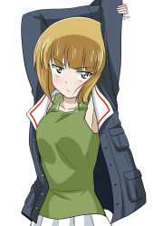 Rule 34 | 1girl, arm grab, armpits, arms up, blonde hair, blush, breasts, cutlass (girls und panzer), girls und panzer, green tank top, highres, looking at viewer, ooarai school uniform, pout, school uniform, skirt, small breasts, solo, stretching, tank top, wakku kan, white background, white skirt, yellow eyes