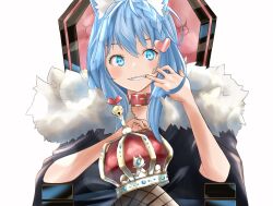 Rule 34 | 1girl, ahoge, alternate costume, animal collar, animal ear piercing, animal ears, black cape, blue hair, blush, cape, collar, commentary request, crown, dog ears, dog girl, earrings, fishnet pantyhose, fishnets, fur cape, grin, hat, heart, heart hair, highres, jewelry, king (vocaloid), long hair, looking at viewer, lovermoonlight, medium bangs, mouth pull, nanashi inc., pantyhose, parody, red collar, simple background, single earring, smile, solo, souya ichika, throne, unworn hat, unworn headwear, upper body, virtual youtuber, vocaloid, white background