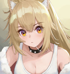 Rule 34 | 1girl, absurdres, animal ear fluff, animal ears, arknights, bare shoulders, blonde hair, blush, breasts, cleavage, closed mouth, collar, collarbone, commentary request, gradient background, highres, large breasts, lion ears, long hair, looking at viewer, mouth hold, off shoulder, orange eyes, shirt, siege (arknights), solo, spiked collar, spikes, tank top, upper body, v-shaped eyebrows, wei sa, white shirt, yellow background