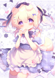 Rule 34 | 1girl, animal ears, apron, black bow, blonde hair, blue dress, blue sleeves, blush, bow, breasts, closed mouth, commentary request, detached sleeves, dog ears, dog girl, dog tail, dress, frilled apron, frilled dress, frills, hair between eyes, hair bow, hair ornament, hairclip, hands up, haru ichigo, heart, heart hair ornament, highres, looking at viewer, maid, maid headdress, original, plaid, plaid dress, puffy short sleeves, puffy sleeves, purple bow, purple eyes, short sleeves, sleeveless, sleeveless dress, small breasts, smile, solo, tail, thighhighs, twintails, unmoving pattern, white apron, white thighhighs
