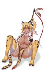 Rule 34 | 1girl, :d, animal ear fluff, animal ears, animal hands, arm up, aztec, breasts, claws, club, commentary, dark-skinned female, dark skin, fang, feathers, full body, fur, fur collar, highres, huge breasts, large breasts, loincloth, looking at viewer, monster girl, monster girl encyclopedia, nav (itsnav), navel, neck fur, ocelomeh (monster girl encyclopedia), open mouth, pelvic curtain, revealing clothes, sideboob, simple background, sitting, slingshot swimsuit, smile, solo, spiked club, spread legs, swimsuit, tail, weapon, white background, yellow eyes