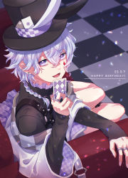Rule 34 | 1boy, androgynous, between fingers, black hat, card, checkered floor, couch, diamond (shape), earrings, facial mark, hat, highres, holding, jacket, jewelry, long sleeves, looking at viewer, mahjong soul, male focus, open mouth, playing card, purple eyes, ring, ryan (mahjong soul), short braid, shorts, sitting, solo, suzutou, top hat, wavy hair, white hair