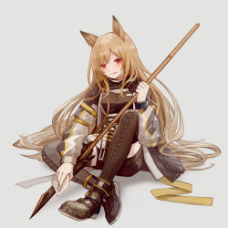 Rule 34 | 1girl, :q, absurdres, animal ears, arknights, black footwear, black shorts, boots, brown hair, ceobe (arknights), cross-laced footwear, dog ears, dog girl, grey background, highres, holding, holding polearm, holding weapon, jacket, lace-up boots, licking lips, long hair, long sleeves, looking at viewer, miike (992058), multicolored clothes, multicolored jacket, polearm, red eyes, shoes, short shorts, shorts, simple background, sitting, smile, solo, spear, thigh boots, thighhighs, tongue, tongue out, weapon