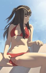 Rule 34 | 1girl, alternate costume, bikini, black eyes, black hair, breasts, clothing aside, female focus, fire emblem, fire emblem awakening, fire emblem heroes, flashing, highres, long hair, looking to the side, matching hair/eyes, medium breasts, navel, nintendo, official alternate costume, outdoors, pomelomelon, pussy, red bikini, sitting, solo, spread legs, swimsuit, swimsuit aside, tharja (fire emblem), tharja (summer) (fire emblem), uncensored