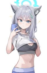 Rule 34 | 1girl, absurdres, animal ear fluff, animal ears, blanc (whit blanc), blue archive, blue eyes, blush, breasts, cellphone, closed mouth, extra ears, grey hair, highres, holding, holding phone, looking at viewer, medium breasts, medium hair, mismatched pupils, navel, phone, shiroko (blue archive), shirt, short sleeves, simple background, smartphone, solo, upper body, white background, white shirt, wolf ears