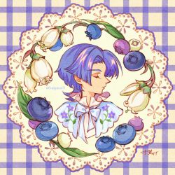 Rule 34 | 1boy, blue bow, blue capelet, blueberry, blueberry blossoms, bow, capelet, checkered background, closed eyes, closed mouth, doily, floral print, flower, food, fruit, medium hair, original, parted bangs, portrait, profile, purple flower, purple hair, saigasai, twitter username, white flower