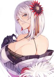 Rule 34 | 1girl, absurdres, azur lane, bare shoulders, black gloves, blue eyes, breasts, cleavage, collarbone, gloves, hair between eyes, hair ornament, highres, japanese clothes, kimono, large breasts, looking at viewer, official alternate costume, one eye closed, pnatsu, short hair, simple background, solo, tirpitz (azur lane), tirpitz (seasonal pine and the frost flower) (azur lane), upper body, white background, white hair