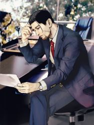Rule 34 | 1boy, bad id, bad pixiv id, beard, black hair, blurry, blurry background, chair, computer, contemporary, day, facial hair, formal, golden kamuy, highres, indoors, karin nishipa, laptop, long sleeves, male focus, necktie, ogata hyakunosuke, paper, photo background, red necktie, scar, sitting, solo, suit, table, watch, window, wristwatch