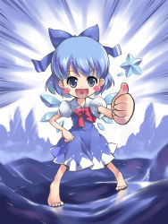 Rule 34 | 1girl, bad id, bad pixiv id, barefoot, blue eyes, blue hair, blush stickers, cirno, feet, female focus, heart, heart in mouth, ice, matching hair/eyes, morujii, smile, solo, star (symbol), embodiment of scarlet devil, thumbs up, touhou