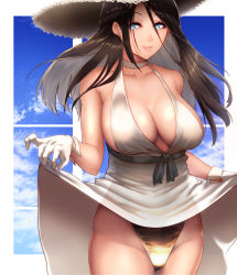 Rule 34 | 1girl, big.g, black hair, blue eyes, breasts, choker, clothes lift, cloud, cloudy sky, day, dress, dress lift, halter dress, halterneck, hat, highres, large breasts, lifted by self, light smile, long hair, looking at viewer, original, panties, sky, solo, straw hat, underwear, white dress