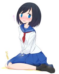 Rule 34 | 1girl, absurdres, between legs, black footwear, black hair, black socks, blue eyes, blue sailor collar, blue skirt, blush, breasts, collarbone, embarrassed, female focus, full body, hand between legs, highres, japanese text, kouyouchadhuke, long sleeves, looking at viewer, neckerchief, nose blush, open mouth, original, own hands together, peeing, peeing self, pleated skirt, puddle, red neckerchief, sailor collar, school uniform, serafuku, shirt, shoes, short hair, simple background, sitting, skirt, small breasts, socks, solo, steam, sweat, swept bangs, translation request, v arms, wariza, white background, white shirt