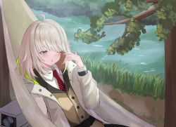 Rule 34 | ;o, ahoge, arknights, belt, blonde hair, blouse, blush, brown jacket, coat, collared shirt, day, green eyes, hair ornament, hammock, highres, jacket, lens (arknights), long sleeves, lying, necktie, on back, one eye closed, open clothes, open coat, outdoors, parted lips, red necktie, river, scene (arknights), shirt, short hair, tree, upper body, waking up, water, white coat, white shirt, yoshi-j