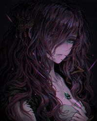 Rule 34 | 1girl, black background, breasts, cleavage, faris scherwiz, final fantasy, final fantasy v, headband, jewelry, long hair, necklace, purple hair, solo, takatora, torn clothes, torn sleeves