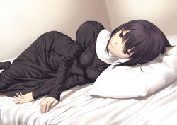 Rule 34 | 1girl, bed sheet, black dress, black hair, black pantyhose, breasts, brown eyes, closed mouth, commentary request, dress, dutch angle, expressionless, foreshortening, highres, indoors, kukuri (ahagon), kuonji alice, long sleeves, lying, mahou tsukai no yoru, medium breasts, no pupils, no shoes, on side, pantyhose, pillow, short hair, sleeves past wrists, solo