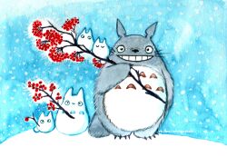Rule 34 | artist name, branch, grey fur, highres, holding, holding branch, looking at viewer, no mouth, rowan, size difference, smile, snow, snowflakes, standing, teeth, tonari no totoro, totoro, traditional media, vdohnoveter, watermark, web address, whiskers, white fur, winter