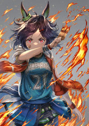 Rule 34 | 1girl, ahoge, animal ears, bandaid, bandaid on cheek, bandaid on face, black hair, blue shirt, blue skirt, clothes writing, commentary request, cowboy shot, fire, grey background, highres, holding, horse ears, jacket, miniskirt, name connection, open clothes, open jacket, pleated skirt, red eyes, shirt, skirt, solo, standing, strapless, ticket, umamusume, v-shaped eyebrows, winning ticket (umamusume), wristband, yakkuro