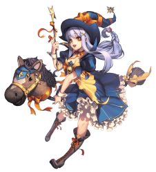 Rule 34 | 1girl, alternate costume, boots, broken (chaos online), broom, broom riding, brown eyes, chaos online, full body, hat, hobby horse, long hair, love cacao, official art, pinky out, purple hair, skull, smile, solo, transparent background, wand, witch, witch hat