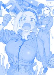 Rule 34 | 1boy, 1girl, blue theme, breasts, car, fang, flying sweatdrops, forehead, frown, getsuyoubi no tawawa, gloves, hat, highres, himura kiseki, inconvenient breasts, jewelry, large breasts, mechanic, mechanic-san (tawawa), medium hair, motor vehicle, necklace, open mouth, ponytail, shoes, sigh, socket wrench, solo, wavy mouth