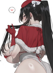 Rule 34 | 1girl, ass, bikini, black eyes, black hair, blush, breasts, capelet, elbow gloves, fur-trimmed capelet, fur-trimmed gloves, fur trim, gloves, hat, highres, huge breasts, long hair, looking back, mimyo, open mouth, original, ponytail, red bikini, red capelet, red gloves, red hat, skindentation, solo, swimsuit