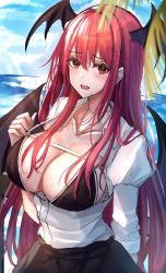 Rule 34 | 1girl, 7saki, bad id, bad twitter id, bat wings, beach, blurry, blurry foreground, blush, breasts, cleavage, day, depth of field, head wings, highres, koakuma, large breasts, long hair, looking at viewer, ocean, open mouth, outdoors, palm leaf, red eyes, red hair, revision, shirt, solo, touhou, wings