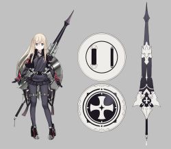 Rule 34 | 10s, 1girl, alternate costume, blonde hair, blue eyes, character sheet, commentary request, cropped jacket, cross, full body, grey background, high heels, highres, iron cross, kantai collection, lance, long hair, long sleeves, microskirt, pantyhose, pleated skirt, polearm, ruisento, shield, simple background, skirt, solo, standing, u-511 (kancolle), weapon, weapon on back