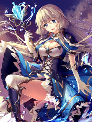 Rule 34 | 10s, 1girl, :d, bison cangshu, blue eyes, breasts, chain chronicle, cleavage, cleavage cutout, clothing cutout, gloves, hair tubes, holding, light brown hair, long hair, looking at viewer, open mouth, smile, solo, staff, white gloves