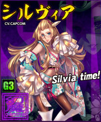 Rule 34 | 00s, 1girl, adapted costume, black legwear, blonde hair, blue eyes, boots, breasts, capcom, crop top, detached sleeves, floral print, japanese clothes, knee boots, large breasts, lipstick, long hair, makeup, midriff, miniskirt, official art, onimusha soul, pom pom (cheerleading), sarashi, sexy silvia (viewtiful joe), silvia (viewtiful joe), skirt, solo, viewtiful joe