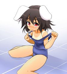 Rule 34 | 1girl, animal ears, bare shoulders, black hair, blush, rabbit ears, female focus, flat chest, hachi (chihagura), inaba tewi, nipple slip, nipples, one-piece swimsuit, red eyes, school swimsuit, short hair, sitting, smile, solo, strap pull, swimsuit, tan, tanline, thighs, touhou, undressing