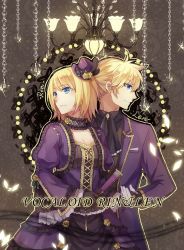 Rule 34 | 1boy, 1girl, blonde hair, blue eyes, breasts, brother and sister, chain, chandelier, character name, choker, cleavage, copyright name, flower, formal, hat, hat flower, kagamine len, kagamine rin, lace-trimmed sleeves, lace trim, reking, short hair, siblings, suit, twins, vocaloid