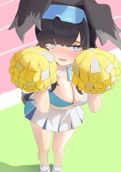 Rule 34 | 1girl, absurdres, animal ears, bare legs, black hair, blue archive, blush, breasts, bright pupils, cheerleader, cleavage, dog ears, dog tail, full-face blush, goggles, goggles on head, hibiki (blue archive), hibiki (cheer squad) (blue archive), highres, holding, holding pom poms, kieharo, looking at viewer, medium breasts, millennium cheerleader outfit (blue archive), miniskirt, navel, outdoors, pleated skirt, pom pom (cheerleading), pom poms, running track, shoes, skirt, sneakers, solo, tail
