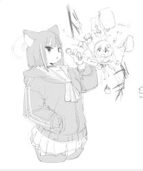 Rule 34 | 2girls, blue archive, breasts, candy, cat, cat girl, cowlick, food, greyscale, hair ornament, halo, holding, holding candy, holding food, holding lollipop, hood, hood down, hoodie, kazusa (blue archive), lollipop, looking at viewer, low twintails, medium breasts, monochrome, multiple girls, nimo (b45ui), open mouth, pantyhose, pleated skirt, punching, reisa (blue archive), short hair, skirt, star (symbol), star hair ornament, surprised, twintails, white background