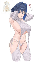 Rule 34 | 1girl, alternate costume, aran legwear, archinoer, arms behind head, blue eyes, blue hair, breasts, cable knit, detached sleeves, fang, garter straps, hair bun, hair intakes, highres, hololive, hololive english, huge breasts, meme attire, multicolored hair, navel, open mouth, ouro kronii, panties, photo inset, ribbed legwear, ribbed panties, ribbed sleeves, ribbed sweater, ribbed thighhighs, short hair, side-tie panties, sidelocks, simple background, skin fang, skindentation, sleeveless, sleeveless sweater, sleeveless turtleneck, solo, stomach, sweater, turtleneck, turtleneck sweater, two-tone hair, underwear, virgin destroyer sweater, virtual youtuber, white background, white panties, white sweater