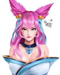 Rule 34 | 1girl, 82jhin, absurdres, ahri (league of legends), alternate hair color, animal ear fluff, animal ears, bell, black choker, blue eyes, blue ribbon, breasts, choker, cleavage, collarbone, commentary, commentary request, facial mark, fox ears, hair bell, hair ornament, highres, korean commentary, kyuubi, large breasts, league of legends, lips, long hair, looking at viewer, off shoulder, ribbon, signature, simple background, solo, spirit blossom ahri, vastaya, whisker markings, white background