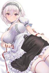 Rule 34 | 1girl, apron, azur lane, breasts, cleavage, highres, large breasts, looking at viewer, lying, maid, maid apron, maid headdress, nanam (nanam sk), on side, red eyes, ribbon, sirius (azur lane), smile, solo, thighhighs, thighs, white background, white hair, white thighhighs