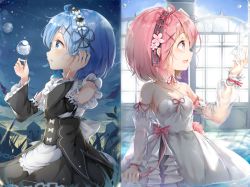 Rule 34 | 2girls, absurdres, blue eyes, blue hair, blush, breasts, cleavage, commentary request, detached sleeves, dress, frills, from side, hair ornament, hair over one eye, hair ribbon, highres, indoors, maid, maid headdress, medium breasts, multiple girls, night, open mouth, outdoors, pedo0201, pink eyes, pink hair, pink ribbon, ram (re:zero), re:zero kara hajimeru isekai seikatsu, red eyes, red ribbon, rem (re:zero), ribbon, short hair, siblings, sisters, smile, twins, window, x hair ornament